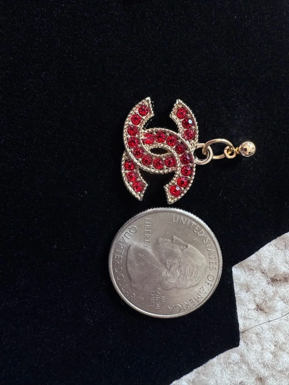 CHANEL Gold-Tone Interlocking CC Drop Earrings with Red Crystals - Picture 2 of 2